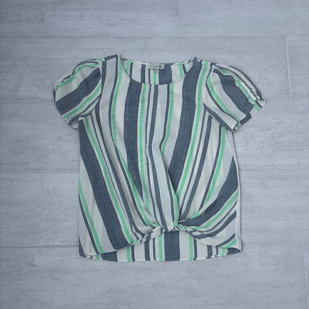 Chenault Blouse Short Sleeve Top Vertical Stripes Front Twist PS Green Blue